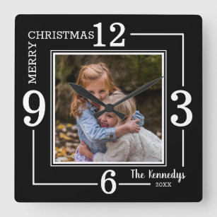 Merry Christmas Family Name Photo Black And White Square Wall Clock
