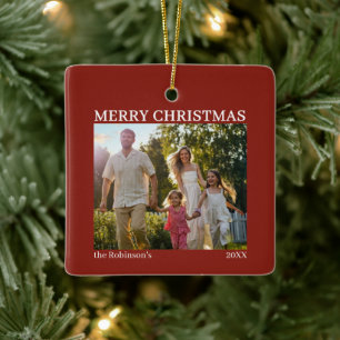Merry Christmas Family Name Photo Ceramic Ornament