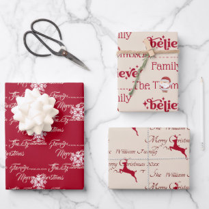 Merry Christmas + Family Name Red & Beige Wrapping Paper Sheet