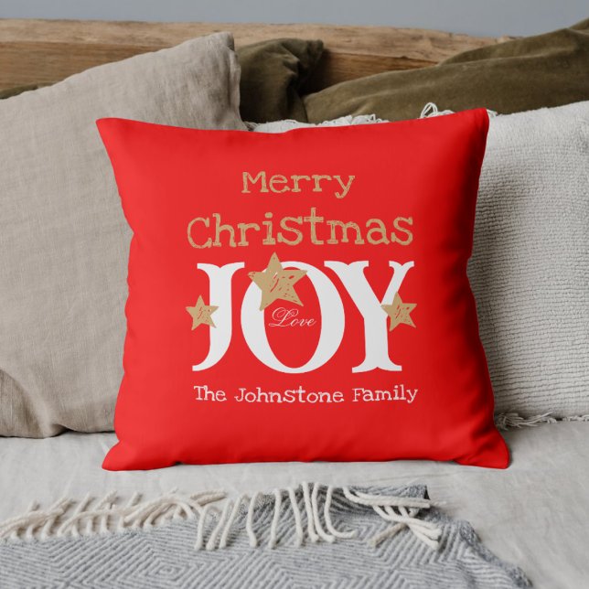 Merry Christmas Family Name Script Joy Red Cushion (Add a dash of extra Christmas Joy with these bright red, playful throw pillows.)
