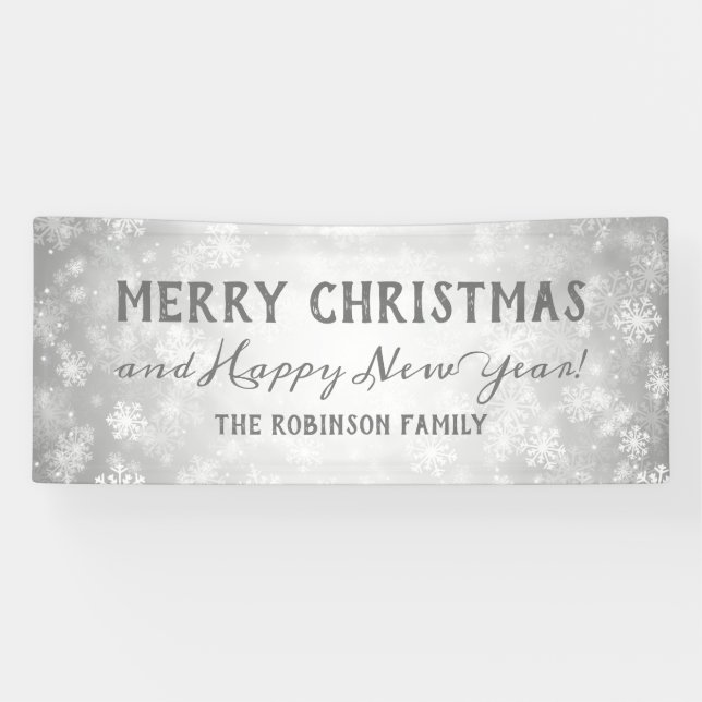 Merry Christmas Family Name Silver Winter Wonder Banner (Horizontal)