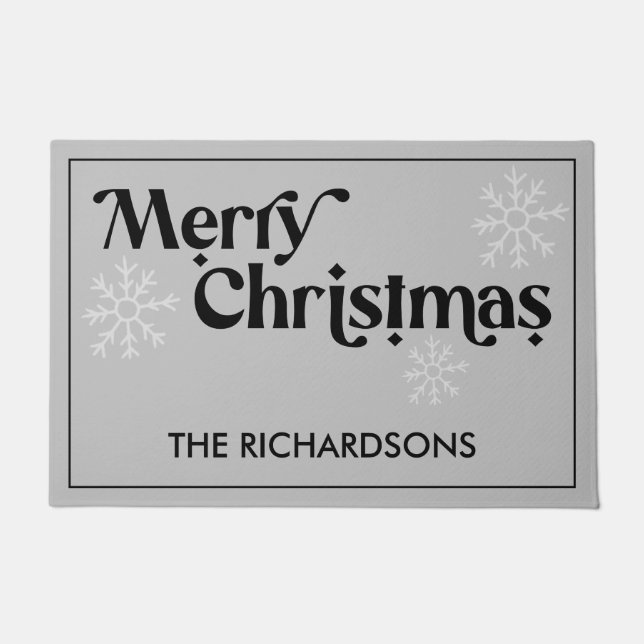 Merry Christmas Family Name Snowflakes Grey Doormat (Front)