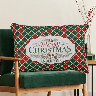 Merry Christmas Family Name Tartan Plaid Vintage Decorative Cushion