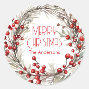 Merry Christmas Family Name Watercolor Wreath Classic Round Sticker