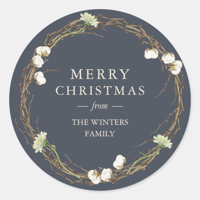 Merry Christmas Family Name Winter Greenery  Class Classic Round Sticker (Front)