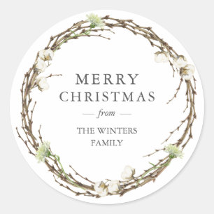 Merry Christmas Family Name Winter Greenery Classic Round Sticker
