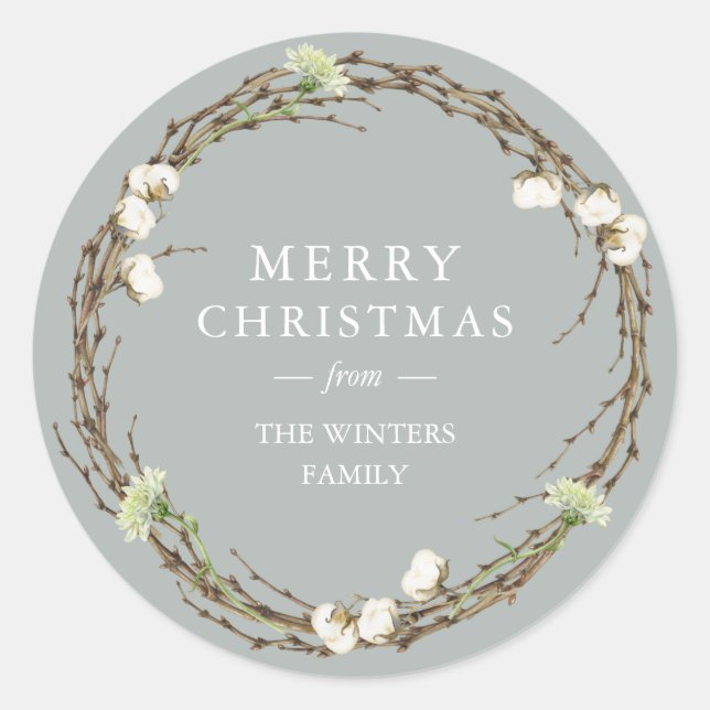 Merry Christmas Family Name Winter Greenery Classic Round Sticker (Front)
