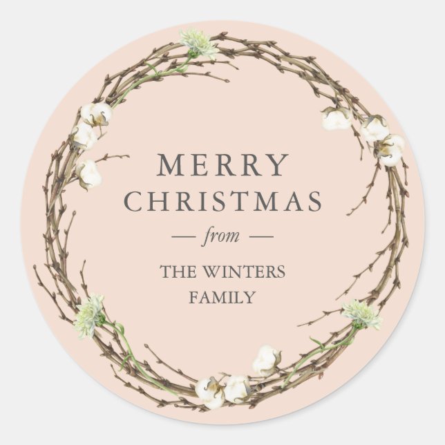 Merry Christmas Family Name Winter Greenery Classic Round Sticker (Front)