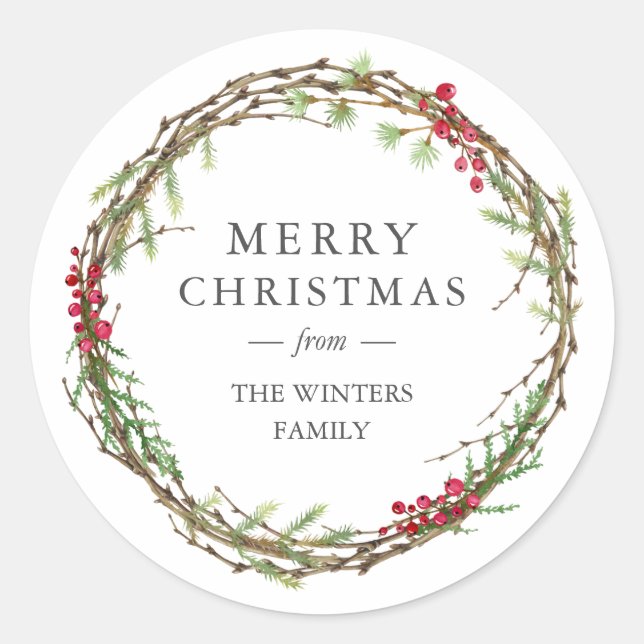 Merry Christmas Family Name Winter Greenery  Classic Round Sticker (Front)