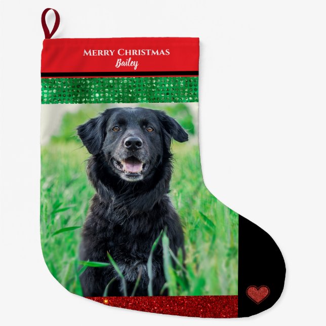 Merry Christmas Family Pet Photo Large Christmas Stocking (Front)