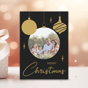 Merry Christmas Family Photo Black and Gold Holiday Postcard