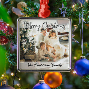 Merry Christmas Family Photo Black & White Script Metal Ornament