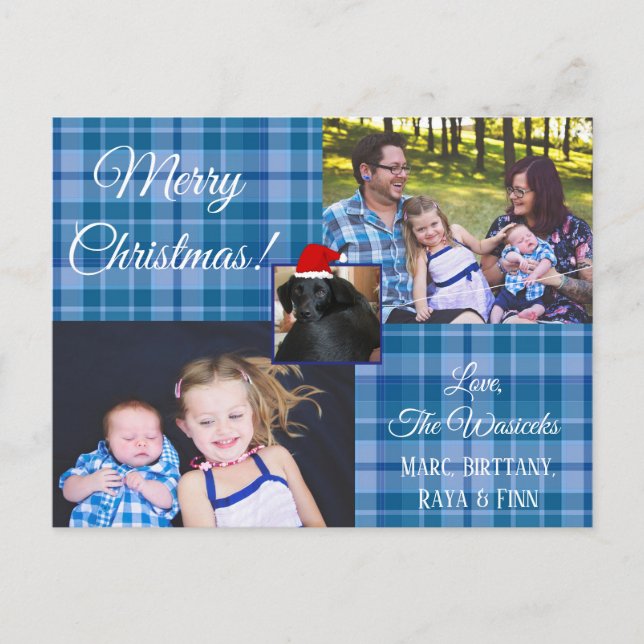 Merry Christmas Family Photo Blue Plaid Postcard (Front)