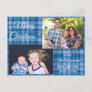 Merry Christmas Family Photo Blue Plaid Postcard
