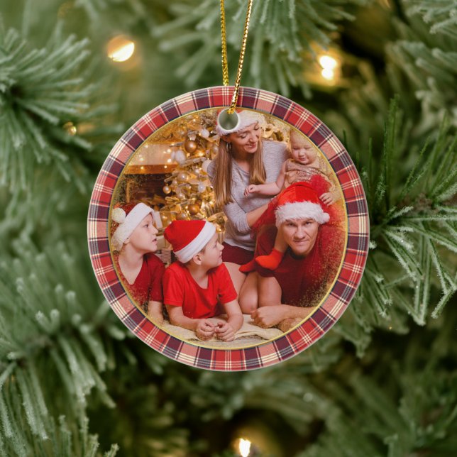 Merry Christmas Family Photo Blue Red Plaid  Ceramic Ornament (Tree)