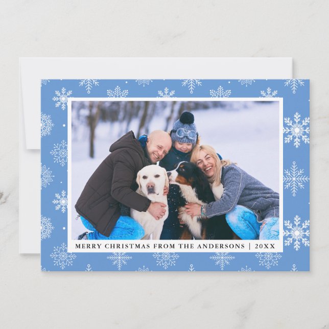 Merry Christmas Family Photo Blue Snowflakes Card (Front)