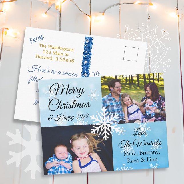 Merry Christmas Family Photo Blue  Snowflakes Holiday Postcard (Creator Uploaded)