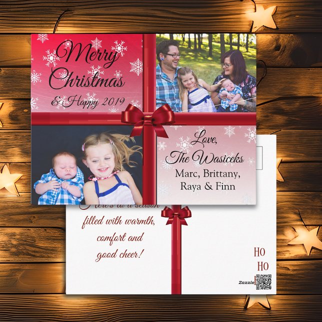 Merry Christmas Family Photo Burgundy Bow Holiday Postcard (Creator Uploaded)
