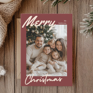 Merry Christmas Family Photo Card   Burgundy Frame