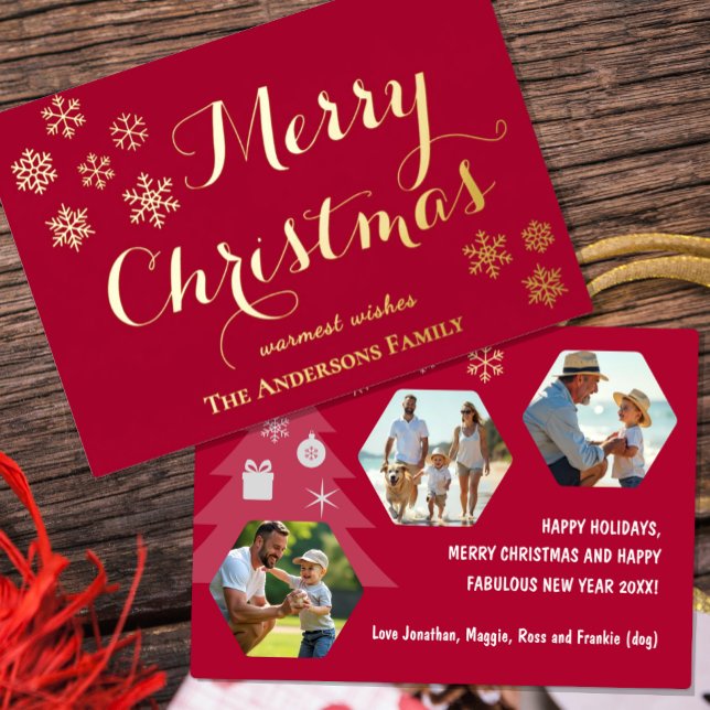 Merry Christmas Family Photo Card, Snowflakes, Red Foil Holiday Card (Merry Christmas Family Photo Card / Real Foil)