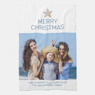 Merry Christmas Family Photo Coastal Tea Towel