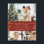 Merry Christmas Family Photo Collag Modern Holiday Postcard<br><div class="desc">Merry Christmas postcards with return address featuring multi photo collage (4 / four pictures), faux gold foil handwritten calligraphy and bokeh border, against red background. Easily customise with your favourite images, colours and text. NOTE: to adjust the subject of the photos (bottom ones), enter the design tool, select the photo...</div>
