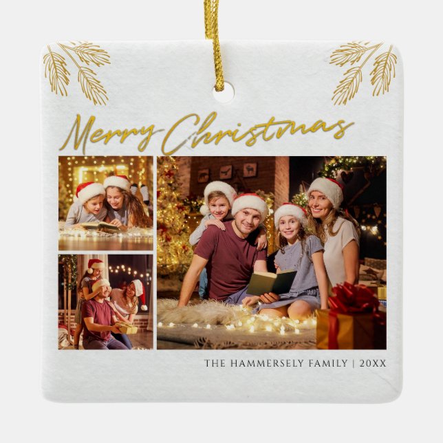 Merry Christmas Family Photo Collage Botanical Ceramic Ornament (Front)
