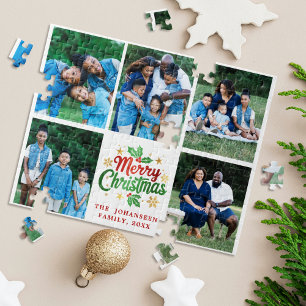 Merry Christmas Family Photo Collage Festive Games Jigsaw Puzzle