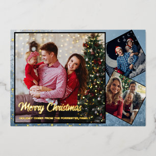 Merry Christmas family Photo collage Foil Holiday Card