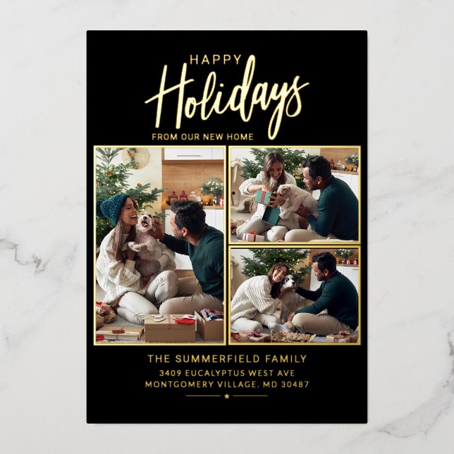 Merry Christmas Family Photo Collage Moving Gold Foil Holiday Card (Front)