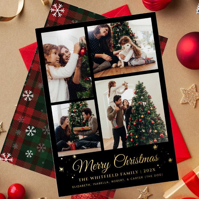 Merry Christmas Family Photo Collage Plaid Gold Foil Holiday Card (Rustic Plaid Christmas Greetings Family Photo Collage Tartan)