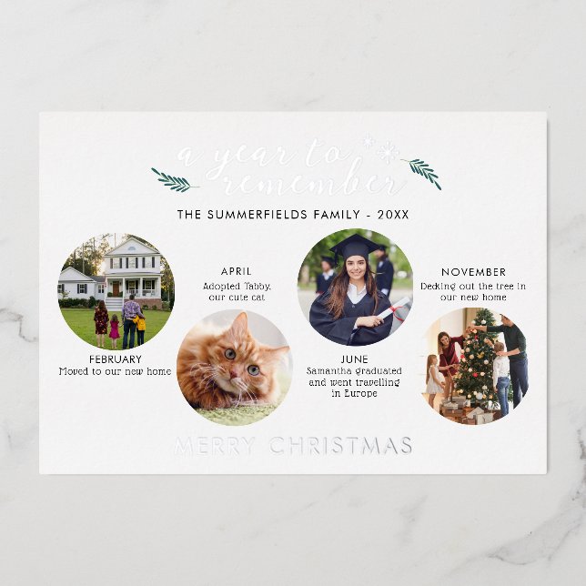 Merry Christmas Family Photo Collage Silver Foil Holiday Card (Front)