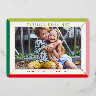 MERRY CHRISTMAS family photo colour block border Foil Holiday Card