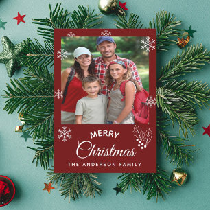 Merry Christmas family photo dark red script Holiday Card