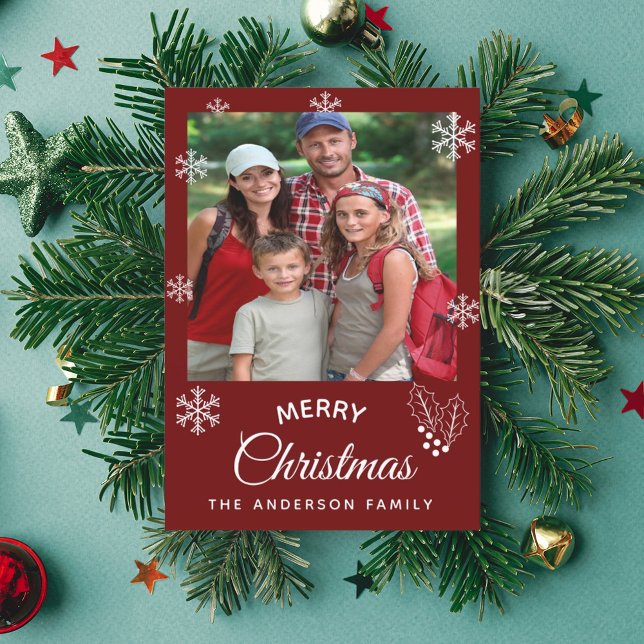 Merry Christmas family photo dark red script Holiday Card (Creator Uploaded)