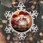 Merry Christmas Family Photo Elegant Gold Script Snowflake Pewter Christmas Ornament<br><div class="desc">Spread holiday cheer to friends and family with this modern keepsake ornament. The gold faux foil text reads "Merry Christmas" in elegant handwriting script. Replace the sample image with your favourite photo,  and add your family name and the year. A black gradient filter helps make the text pop.</div>