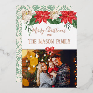 Merry Christmas Family Photo Floral Modern Foil Holiday Card