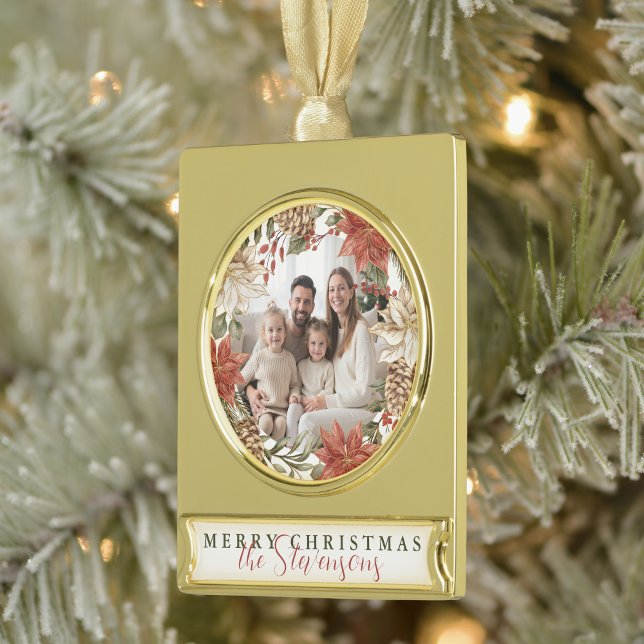 Merry Christmas Family Photo Gold Plated Banner Ornament (Creator Uploaded)