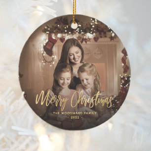 Merry Christmas Family Photo Gold Script Ceramic Ornament