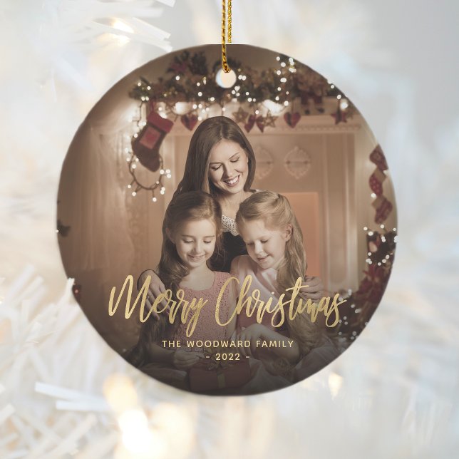 Merry Christmas Family Photo Gold Script Ceramic Ornament (Creator Uploaded)