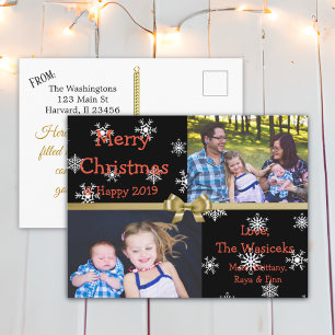Merry Christmas Family Photo Gold Snowflakes Holiday Postcard