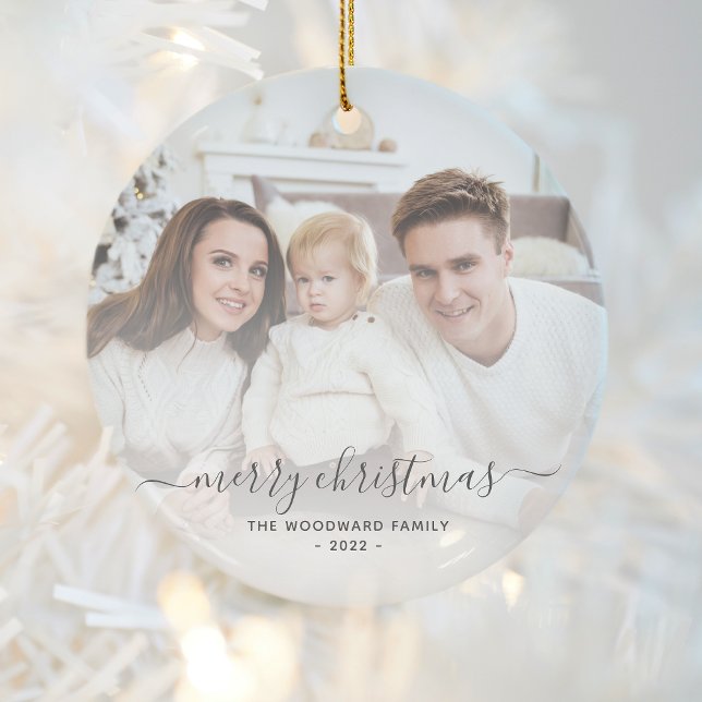Merry Christmas Family Photo Grey Script Ceramic Ornament (Creator Uploaded)