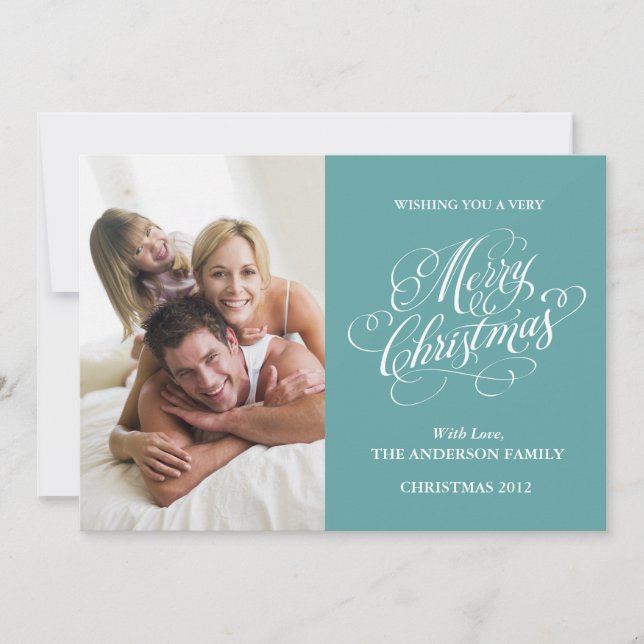 Merry Christmas Family Photo Holiday Card in Teal (Front)