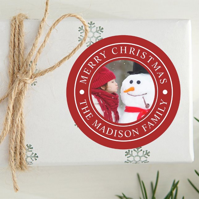 Merry Christmas Family Photo Holiday Red Classic Round Sticker (Creator Uploaded)