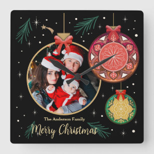  Merry Christmas Family Photo Holidays Personalise Square Wall Clock