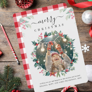Merry Christmas Family Photo Mistletoe Berries Holiday Card