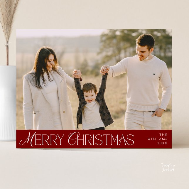Merry Christmas Family Photo, Modern Elegant Postcard (Merry Christmas Family Photo, Modern Elegant Postcard in Burgundy wine deep red)