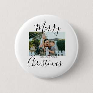 Merry Christmas family photo modern elegant rustic 6 Cm Round Badge