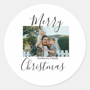 Merry Christmas family photo modern elegant rustic Classic Round Sticker