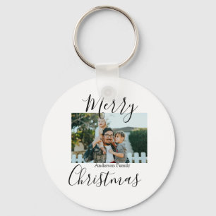 Merry Christmas family photo modern elegant rustic Key Ring